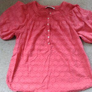 LOFT Women's Coral Smocked Button Top with Puff Sleeves, Size Small